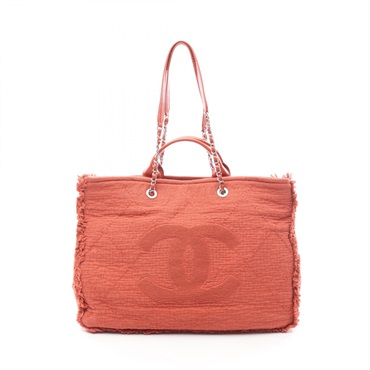 CHANEL COCO Mark Large Shopping Chain Shoulder Tote Handbag Fabric Red Used CC