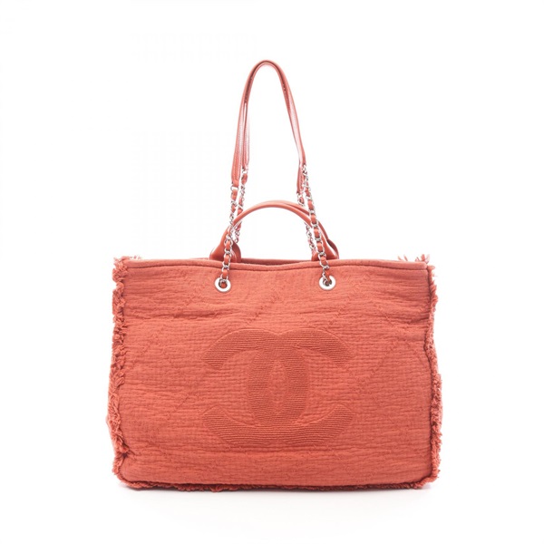 CHANEL COCO Mark Large Shopping Chain Shoulder Tote Handbag Fabric Red Used CC