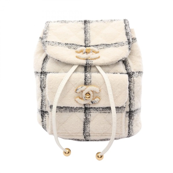 CHANEL COCO Mark Chain Rucksack Backpack Fabric White Black GHW Used Women CC