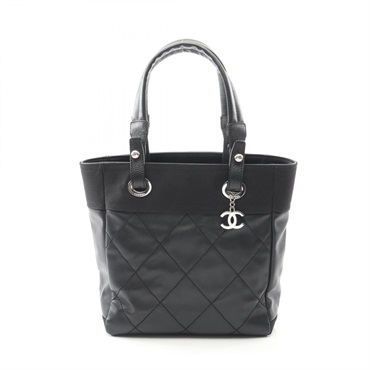 CHANEL Paris Biarritz PM Tote shoulder Bag A34208 canvas leather Black Used CC