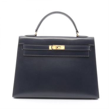 HERMES Kelly 32 Shoulder Handbag P Box Calf leather Navy Blue indigo GHW Used