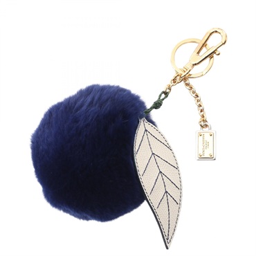 DOLCE & GABBANA Fruit Pom Pom Key ring holder charm leather fur Navy Beige Used
