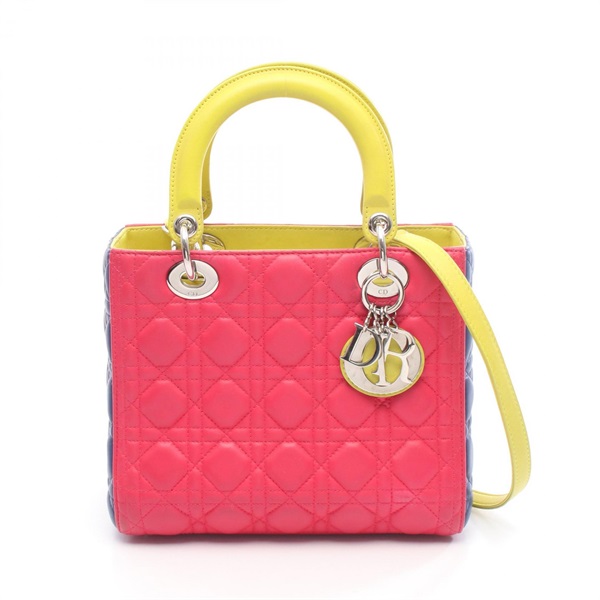 Christian Dior LADY DIOR Cannage Shoulder Handbag leather Pink Yellow Blue Used