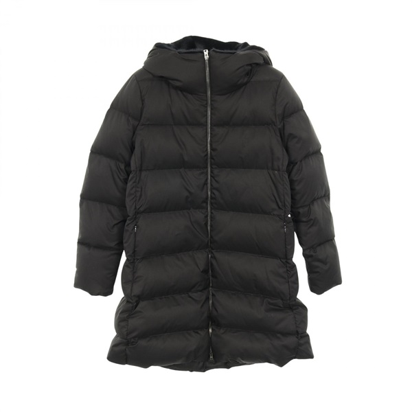 Herno Eco-fur hooded waterproof Down jacket polyester Black #42 NEW Women