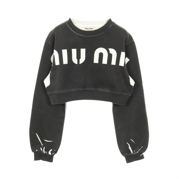 Miu Miu Cropped sweatshirt long sleeve tops cotton Gray White Used Women #XS