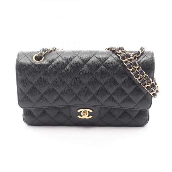 CHANEL Matelasse W flap chain Shoulder Bag leather Calfskin Black Used Women GHW