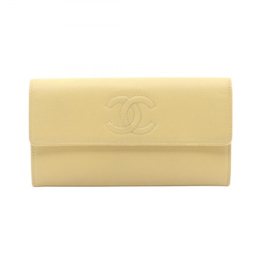 CHANEL COCO Mark Bifold purse wallet Grained calf leather Yellow Used Women GHW