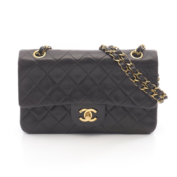 CHANEL Matelasse W flap chain Shoulder Bag Lambskin Black Used Women GHW
