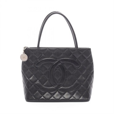 CHANEL Medallion Tote Handbag leather Grained calfskin Black SHW Used Women CC