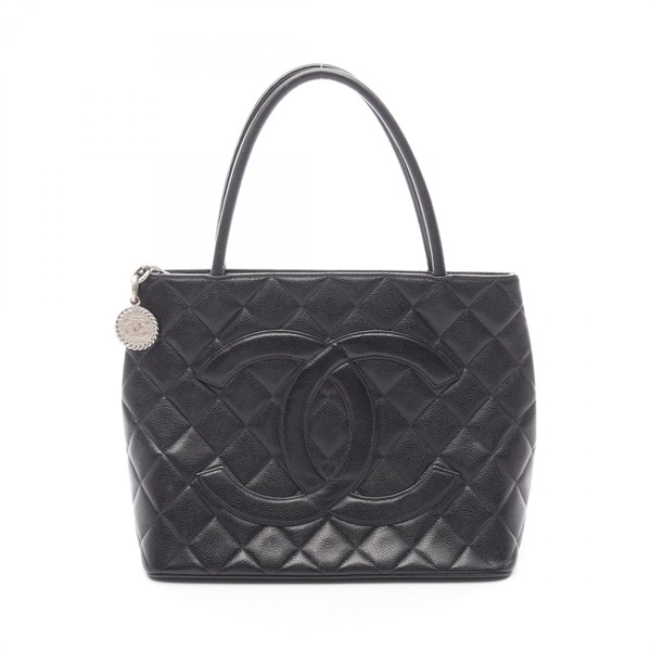 CHANEL Medallion Tote Handbag leather Grained calfskin Black SHW Used Women CC