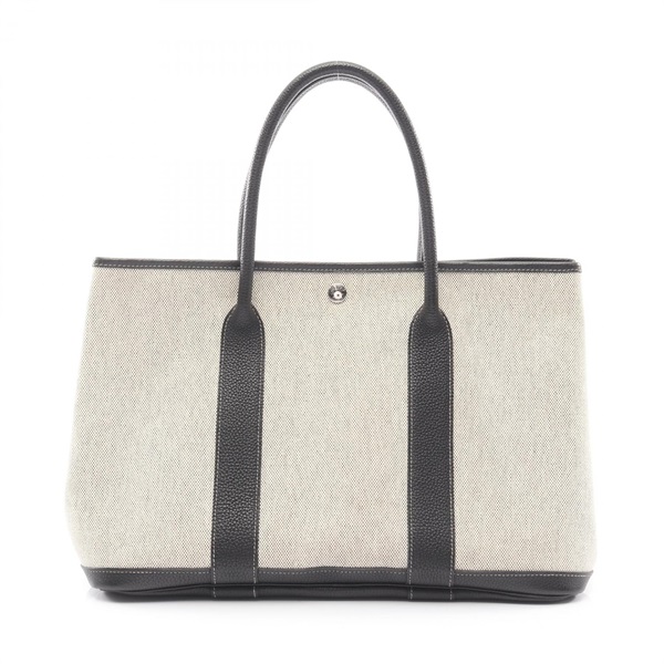 HERMES Garden Party PM Bolduc Ribbon Tote hand Bag Toile H ecru black SHW