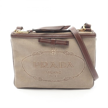 PRADA Logo Jacquard Shoulder Bag 1BH050 Canvas leather Beige Brown Used Women