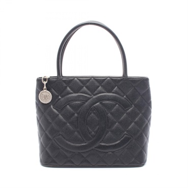 CHANEL Medallion Tote Bag Calfskin Black SHW Used Women CC Logo Coco Mark