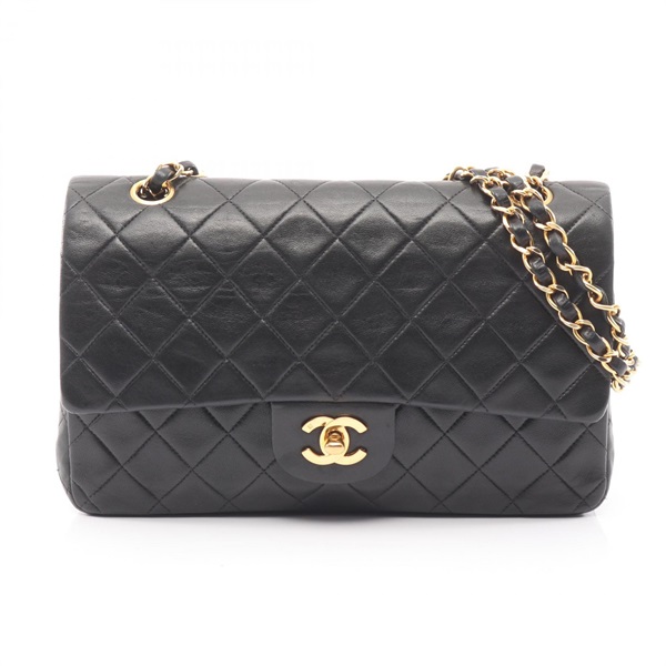 CHANEL Matelasse double flap Shoulder Handbag Lamb leather Black GHW Used CC