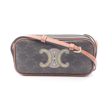 CELINE Cuir Triomphe Mini Camera Shoulder Bag canvas leather Black Brown Used