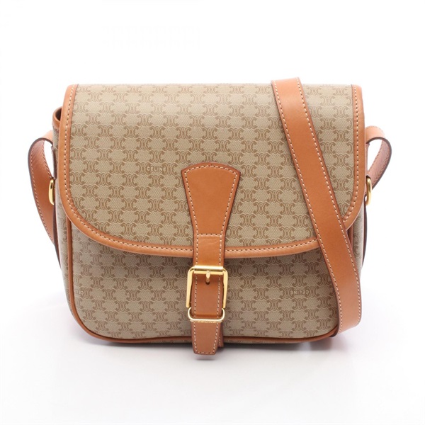 CELINE Macadam Crossbody Shoulder Bag canvas leather Beige Brown Used Women