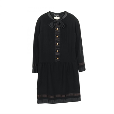 CHANEL Camelia button long sleeve Dress #36 wool Black Used Women