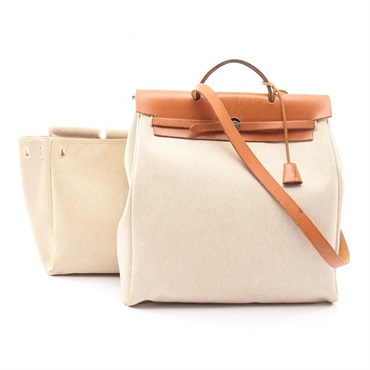 HERMES Herbag MM Shoulder Handbag Toile H Vache Hunter leather Beige Brown Used