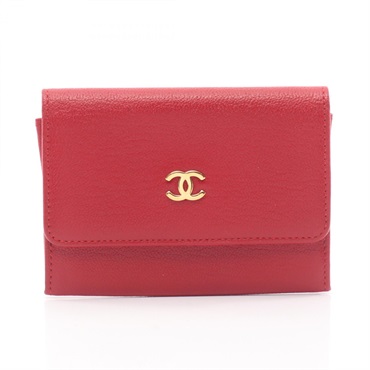 CHANEL COCO Mark Card Case Holder Goatskin leather Red GHW Used Women CC