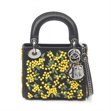 Christian Dior Lady Dior Mini Shoulder Crossbody Handbag Fabric Black Used CD