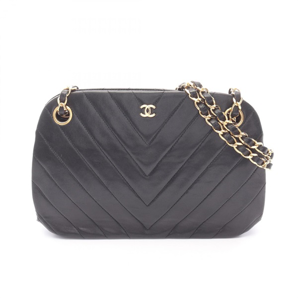 CHANEL Chevron V Stitch Chain Shoulder Handbag Lamb leather Black GHW Used Women