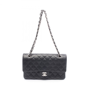CHANEL Matelasse double flap Chain Shoulder Handbag calf leather Black SHW Used