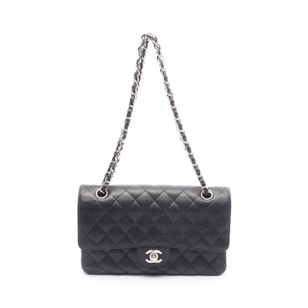 CHANEL Matelasse double flap Chain Shoulder Handbag calf leather Black SHW Used