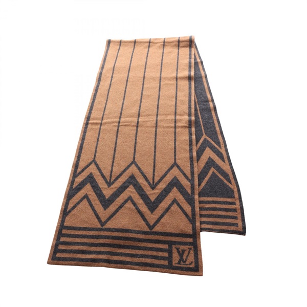LOUIS VUITTON Echarpe V Karakoram Scarf Wrap Stole cashmere Brown Black Used LV