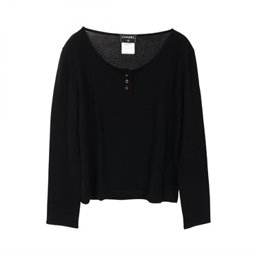 CHANEL COCO Mark button knitwear sweater #42 cashmere Black Used Women