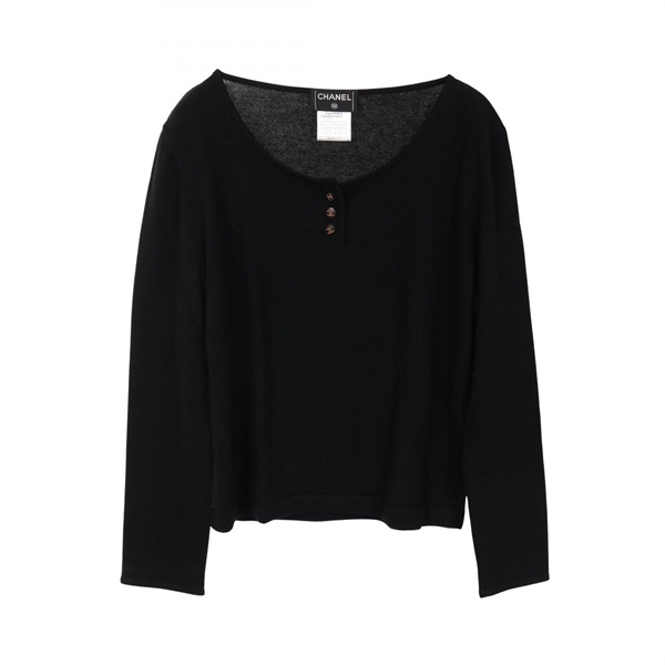 CHANEL COCO Mark button knitwear sweater #42 cashmere Black Used Women