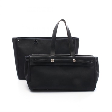 HERMES Herbag Cabas GM Tote Handbag Toile officier canvas leather Black SHW Used