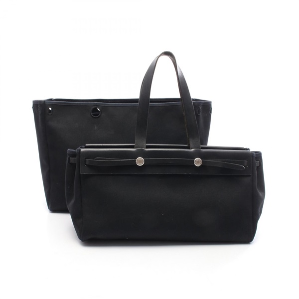HERMES Herbag Cabas GM Tote Handbag Toile officier canvas leather Black SHW Used