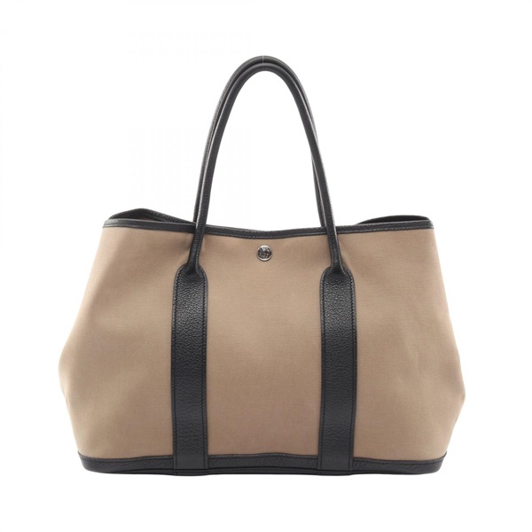 HERMES Garden party PM Tote Handbag R Toile Officier leather Etoupe grey Used