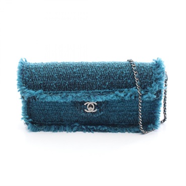 CHANEL COCO Mark Chain Shoulder Handbag Fabric Green Black Blue SHW Used CC