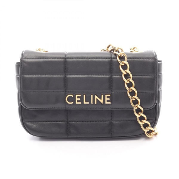 CELINE Monochrome Chain Shoulder Bag leather Black Used Women GHW logo
