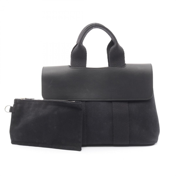 HERMES Valparaiso PM Handbag Toile Chevrons canvas leather Black SHW Used Women
