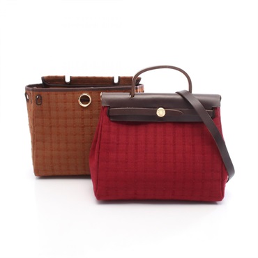 HERMES Herbag PM shoulder Handbag H leather Waffle Canvas Bordeaux Brown GHW