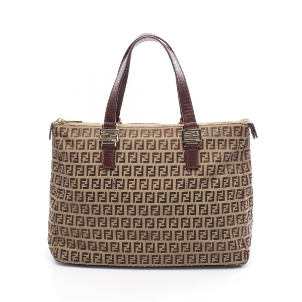 FENDI Zucchino Tote hand Bag 8BH138 TN9 canvas leather Beige Brown Used Women