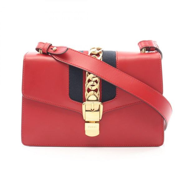 GUCCI Sylvie Small Webline Shoulder Bag 421882 leather Red Navy Used Women GHW