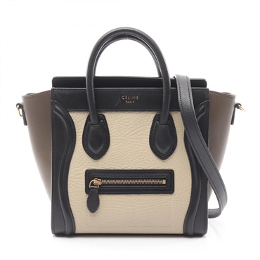 CELINE Luggage Nano Shopper Shoulder Handbag leather Beige Black Khaki Used