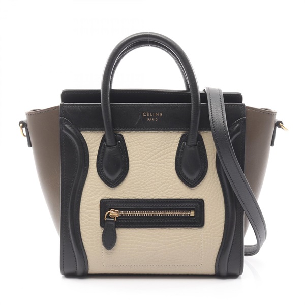 CELINE Luggage Nano Shopper Shoulder Handbag leather Beige Black Khaki Used