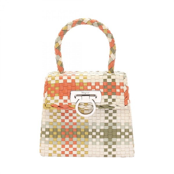 Salvatore Ferragamo Gancini Handbag leather Orange White Green Multicolor Used