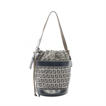 FENDI Zucchino Shoulder Bag canvas leather Gray Navy Used Women