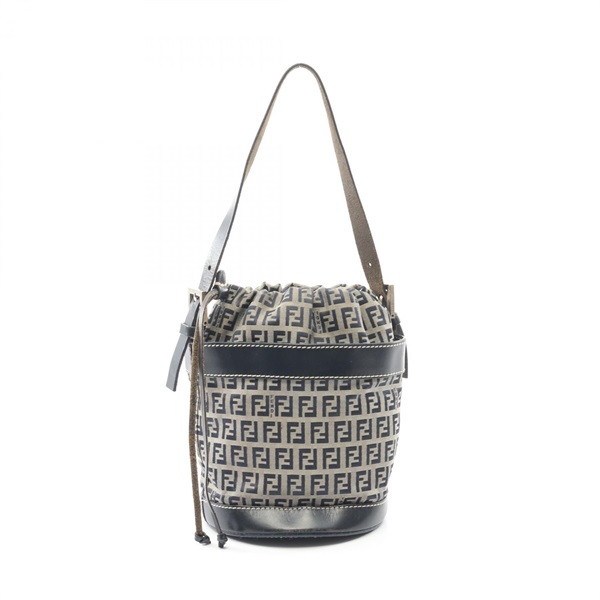 FENDI Zucchino Shoulder Bag canvas leather Gray Navy Used Women