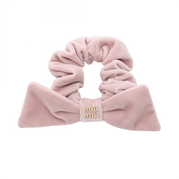Miu Miu Metal logo ribbon scrunchie Hair accessory Velor Pink NEW Women