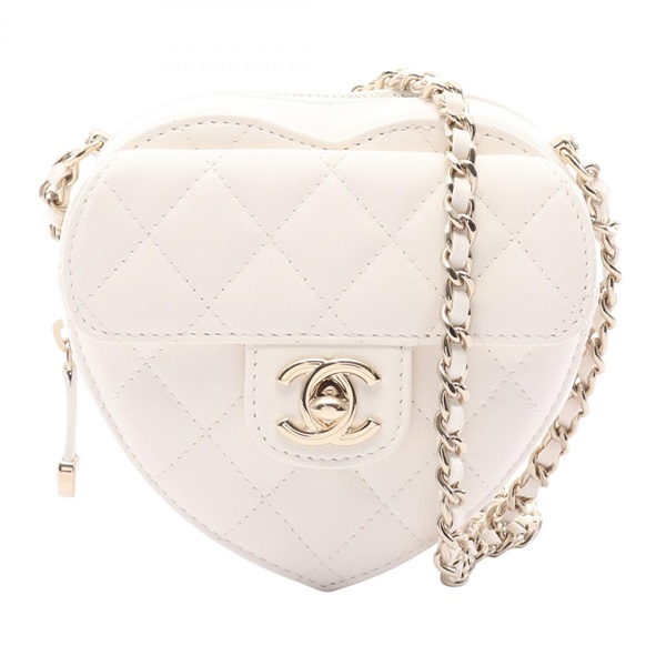 CHANEL Heart Matelasse Chain Shoulder Crossbody Bag Lamb leather White GHW Used