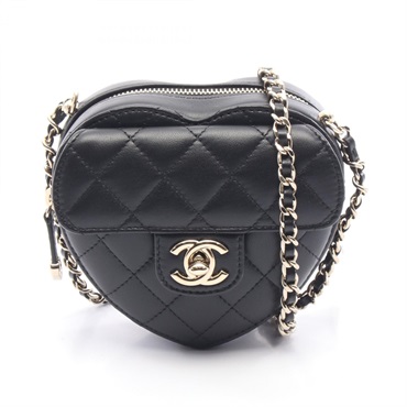 CHANEL Matelasse Heart Chain Shoulder Crossbody Bag Lamb leather Black GHW Used