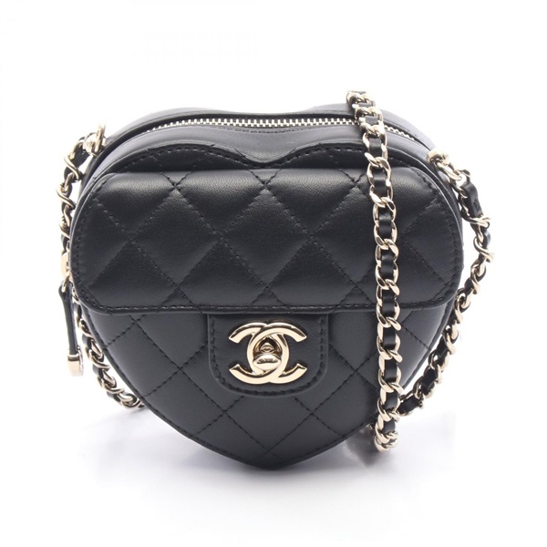 CHANEL Matelasse Heart Chain Shoulder Crossbody Bag Lamb leather Black GHW Used