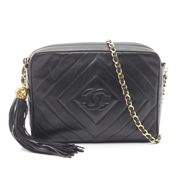 CHANEL Diamond Stitch COCO Mark Chain Shoulder Crossbody Bag leather Black Used