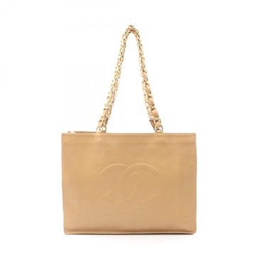 CHANEL Jumbo COCO Mark Chain Tote Shoulder Bag Lambskin leather Beige Used Women